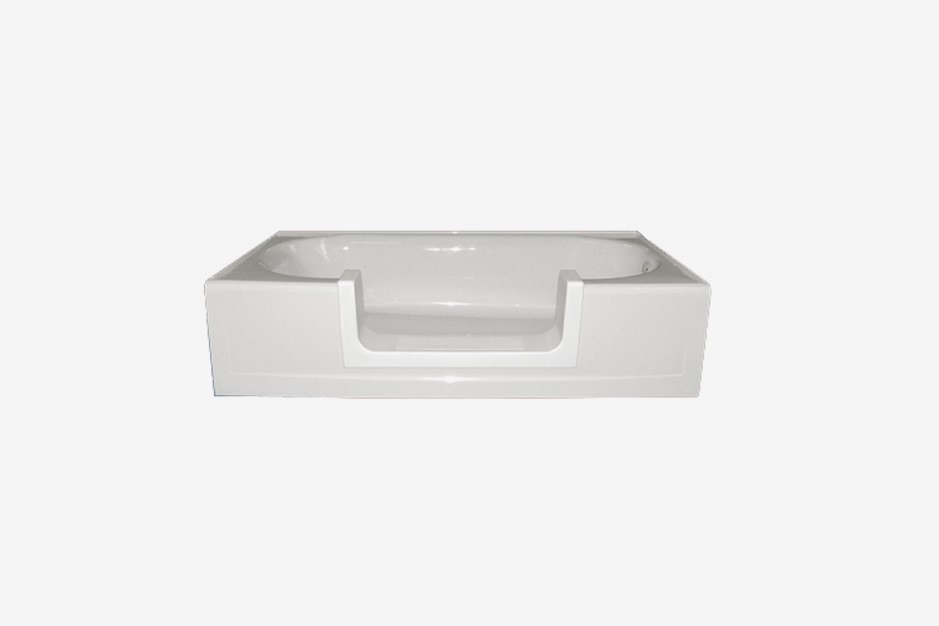 A white bathtub with a lowered front section for easy access, designed for accessibility, shown against a plain white background.