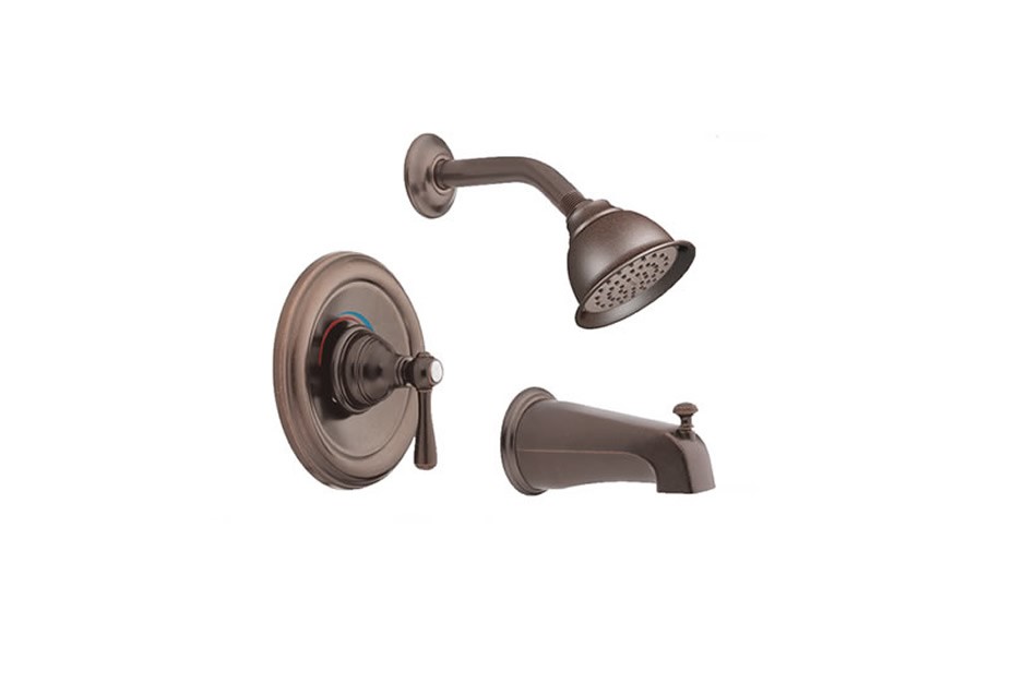 Bronze finished shower faucet featuring a round control lever, shower head, and tub spout.