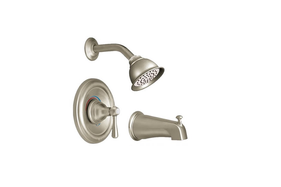 Dark Silver finished shower faucet featuring a round control lever, shower head, and tub spout.