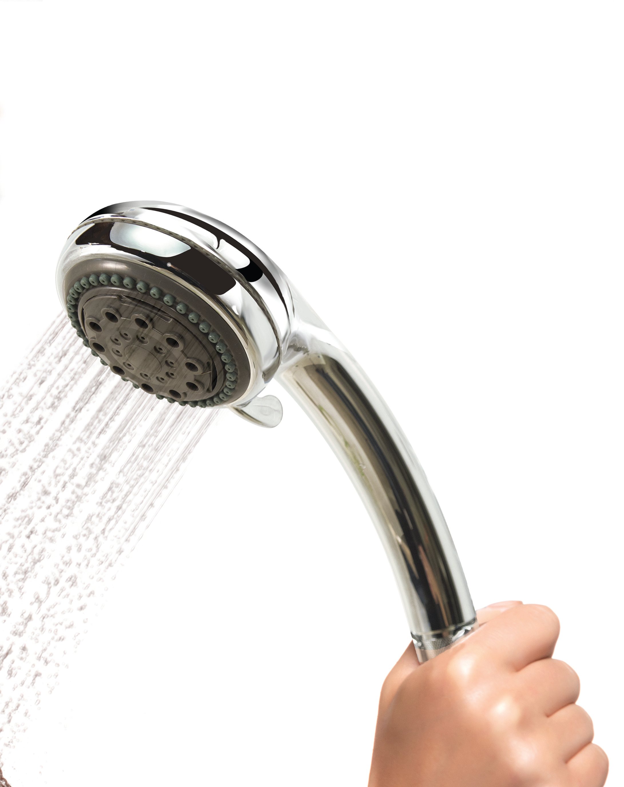 Hand holding a handheld shower head with water streaming out, against a white background.