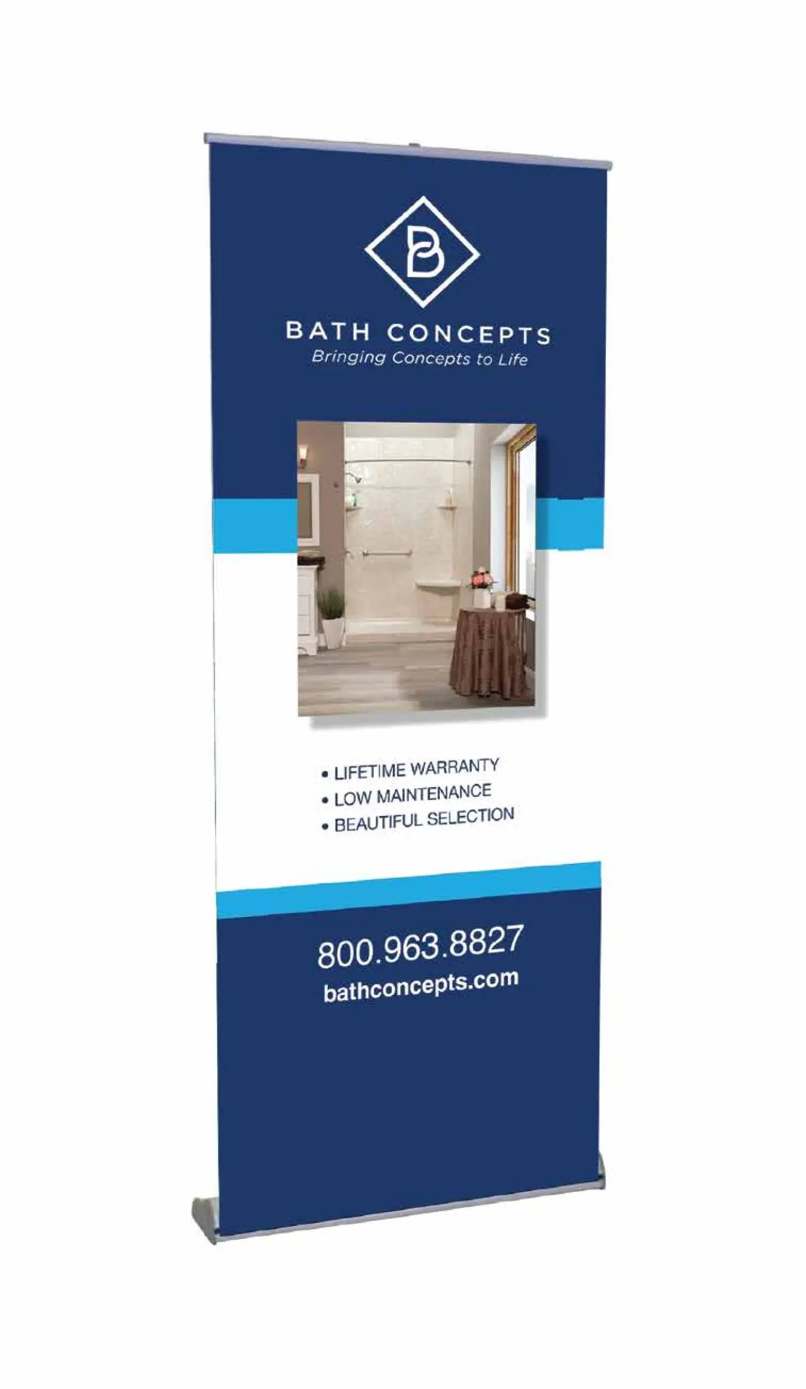 Freestanding banner stand for Bath Concepts, featuring bathroom remodel photography, marketing claims of lifetime warranty, low maintenance, and beautiful selection, plus contact phone number and web address.