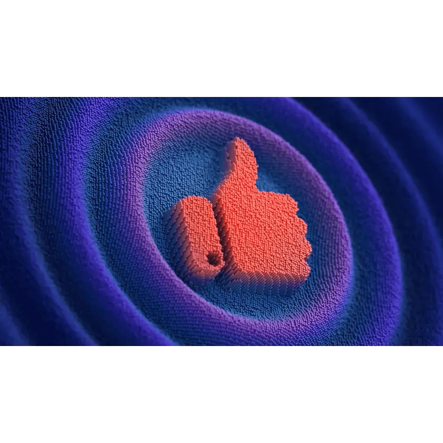 Red thumbs-up icon centered against a swirling blue vortex background.
