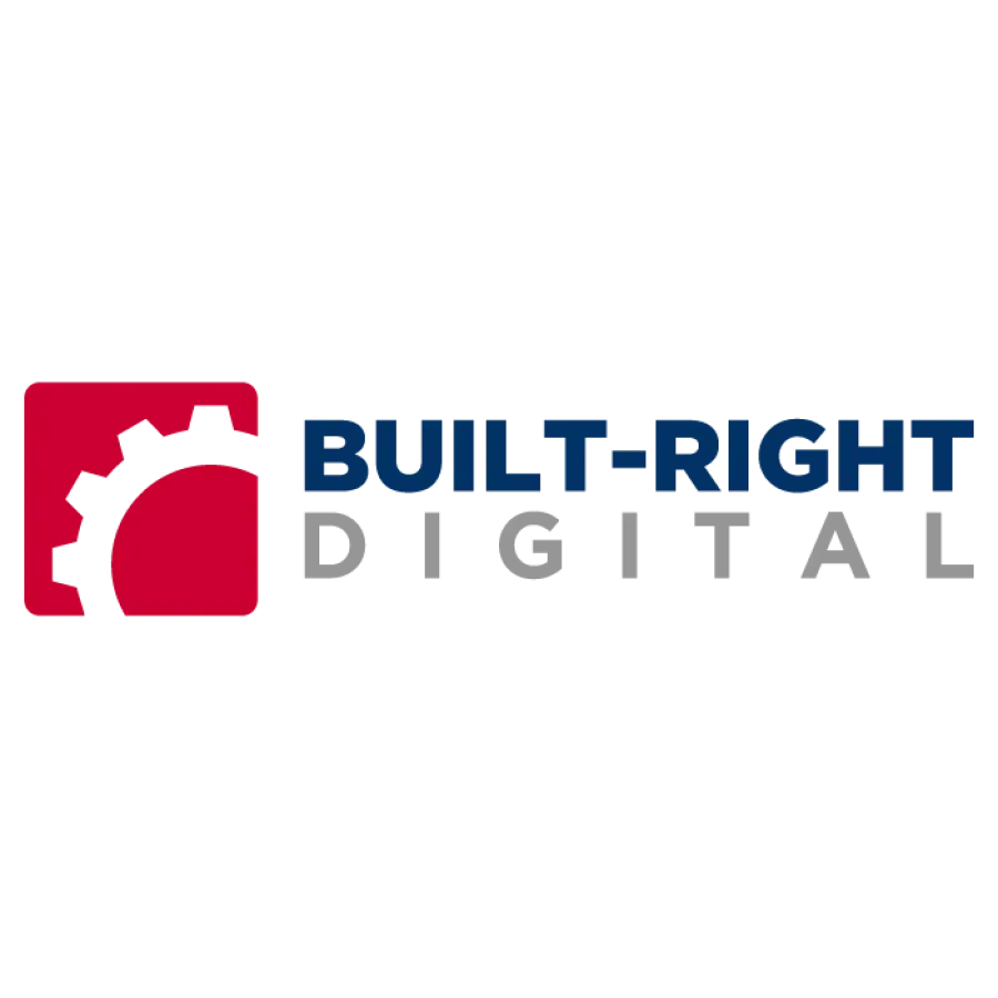 Built-Right Digital logo. A square with a red background and white gear outline is positioned next to the company name in blue and grey text.