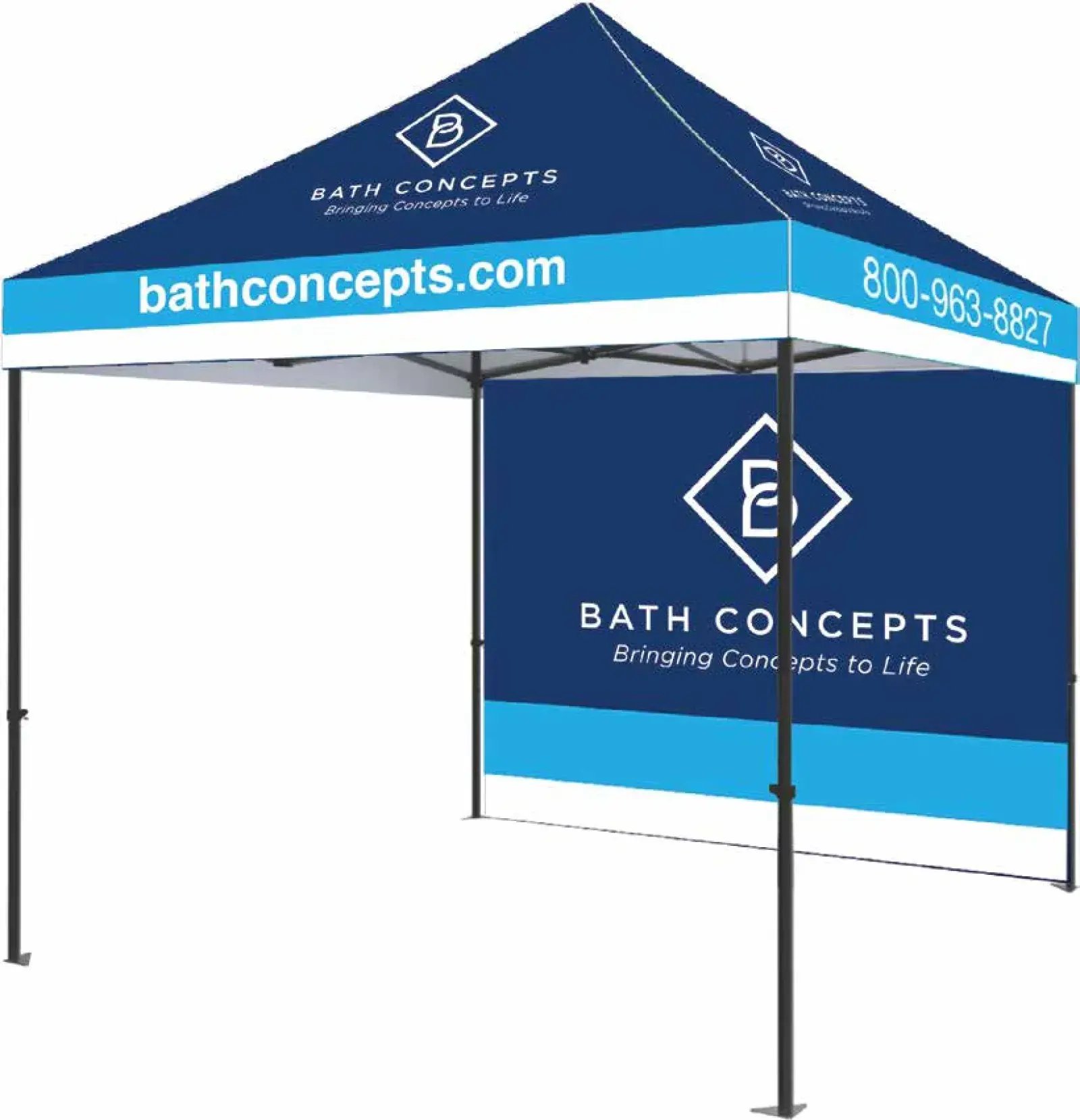 A dark blue tent with a white logo and the words Bath Concepts, Bringing Concepts to Life