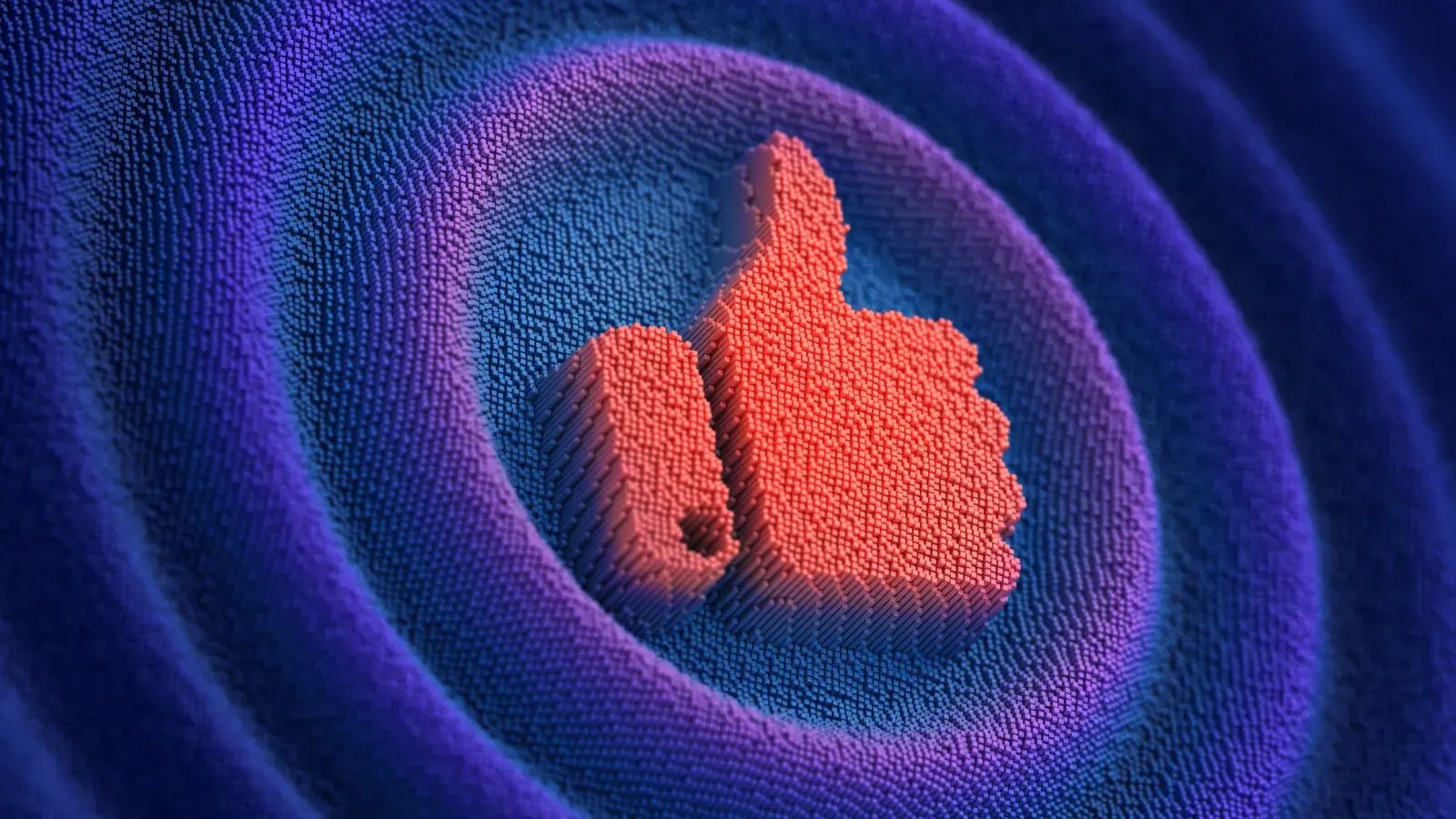 Red thumbs-up symbol formed from tiny blocks, surrounded by concentric waves of smaller purple and blue blocks.