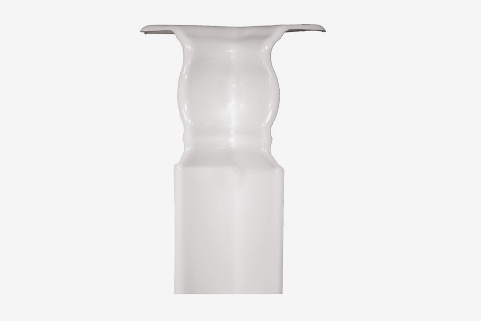 A white ceramic candlestick holder with a glossy finish, featuring a flared top and a curvy, decorative midsection.